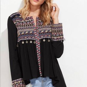 Embroidered yoke and cuff coin fringe trim blouse